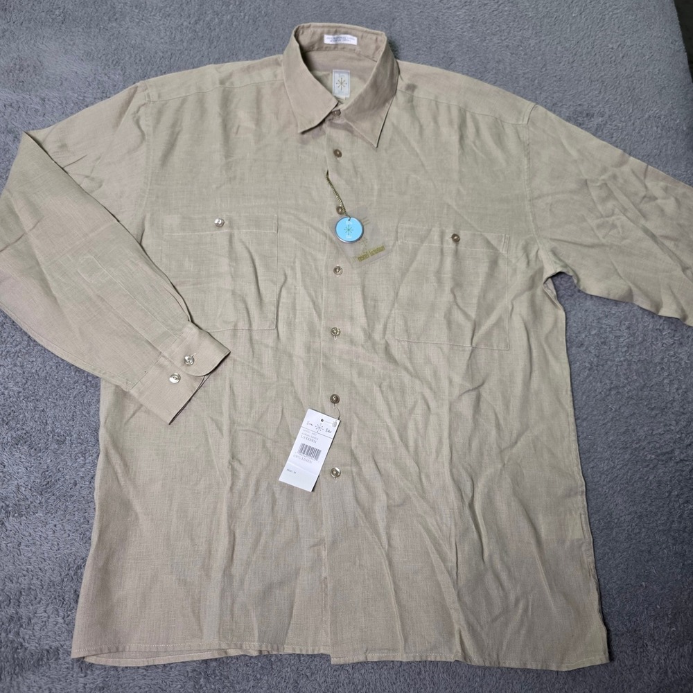 Burma Bibas Mens M Long Sleeve Linen Shirt Beige 6927 Button Up Pocket